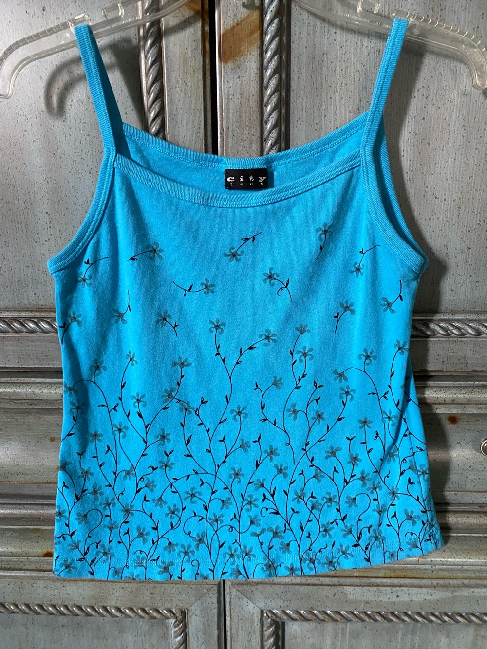 City Tees Bright Turquoise Floral Spaghetti-Strap Camisole